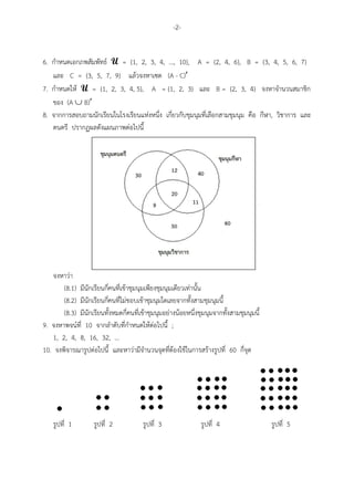-2-


6. กําหนดเอกภพสัมพัทธ: U = {1, 2, 3, 4, …, 10}, A = {2, 4, 6}, B = {3, 4, 5, 6, 7}
   และ C = {3, 5, 7, 9} แลวจงหาเซต (A - C)′
7. กําหนดให U = {1, 2, 3, 4, 5}, A = {1, 2, 3} และ B = {2, 3, 4} จงหาจํานวนสมาชิก
   ของ (A ∪ B)′
8. จากการสอบถามนักเรียนในโรงเรียนแห"งหนึ่ง เกี่ยวกับชุมนุมที่เลือกสามชุมนุม คือ กีฬา, วิชาการ และ
   ดนตรี ปรากฏผลดังแผนภาพต"อไปนี้




   จงหาว"า
       (8.1) มีนักเรียนกี่คนที่เขาชุมนุมเพียงชุมนุมเดียวเท"านั้น
       (8.2) มีนักเรียนกี่คนที่ไม"ชอบเขาชุมนุมใดเลยจากทั้งสามชุมนุมนี้
       (8.3) มีนักเรียนทั้งหมดกี่คนที่เขาชุมนุมอย"างนอยหนึ่งชุมนุมจากทั้งสามชุมนุมนี้
9. จงหาพจน:ที่ 10 จากลําดับที่กําหนดใหต"อไปนี้ ;
   1, 2, 4, 8, 16, 32, …
10. จงพิจารณารูปต"อไปนี้ และหาว"ามีจํานวนจุดที่ตองใชในการสรางรูปที่ 60 กี่จุด




    รูปที่ 1        รูปที่ 2           รูปที่ 3               รูปที่ 4                  รูปที่ 5
 