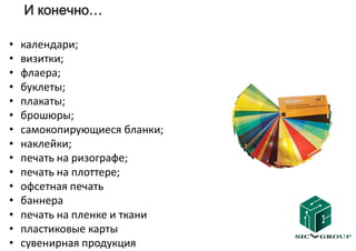 И конечно…

•   календари;
•   визитки;
•   флаера;
•   буклеты;
•   плакаты;
•   брошюры;
•   самокопирующиеся бланки;
•   наклейки;
•   печать на ризографе;
•   печать на плоттере;
•   офсетная печать
•   баннера
•   печать на пленке и ткани
•   пластиковые карты
•   сувенирная продукция
 