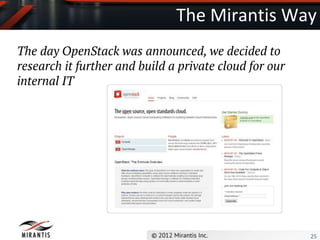 The Mirantis Way
The day OpenStack was announced, we decided to
research it further and build a private cloud for our
internal IT




                                                        25
 
