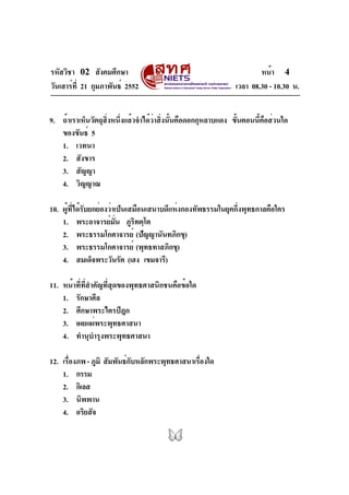 รหัสวิชา 02 สังคมศึกษา                                                หน้า 4
วันเสาร์ท่ี 21 กุมภาพันธ์ 2552                                เวลา 08.30 - 10.30 น.


9. ถ้าเราเห็นวัตถุสิ่งหนึ่งแล้วจำได้วาสิ่งนั้นคือดอกกุหลาบแดง ขั้นตอนนี้คอส่วนใด
                                     ่                                   ื
   ของขันธ์ 5
   1. เวทนา
   2. สังขาร
   3. สัญญา
   4. วิญญาณ

10. ผู้ที่ได้รับยกย่องว่าเป็นเสมือนเสนาบดีแห่งกองทัพธรรมในยุคกึ่งพุทธกาลคือใคร
    1. พระอาจารย์มน ภูรทตฺโต
                         ่ั     ิ
    2. พระธรรมโกศาจารย์ (ปัญญานันทภิกขุ)
    3. พระธรรมโกศาจารย์ (พุทธทาสภิกขุ)
    4. สมเด็จพระวันรัต (เฮง เขมจารี)

11. หน้าที่ที่สำคัญที่สุดของพุทธศาสนิกชนคือข้อใด
    1. รักษาศีล
    2. ศึกษาพระไตรปิฎก
    3. เผยแผ่พระพุทธศาสนา
    4. ทำนุบำรุงพระพุทธศาสนา

12. เรืองภพ - ภูมิ สัมพันธ์กบหลักพระพุทธศาสนาเรืองใด
      ่                     ั                  ่
    1. กรรม
    2. กิเลส
    3. นิพพาน
    4. อริยสัจ
 