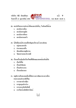 รหัสวิชา 02 สังคมศึกษา                                             หน้า 9
วันเสาร์ท่ี 21 กุมภาพันธ์ 2552                             เวลา 08.30 - 10.30 น.


28. สถาบันใดสามารถทำหน้าที่ของสถาบันอื่นๆ ในสังคมได้ด้วย
    1. สถาบันการเมือง
    2. สถาบันเศรษฐกิจ
    3. สถาบันการศึกษา
    4. สถาบันครอบครัว

29. ข้อใดคือองค์ประกอบที่สำคัญของโครงสร้างทางสังคม
    1. กลุ่มและสถาบัน
    2. อำนาจและกลไก
    3. ทัศนคติและพฤติกรรม
    4. วัฒนธรรมและประเพณี

30. เรือนเครืองสับเป็นเรือนไทยทีมลกษณะสอดคล้องกับข้อใด
            ่                   ่ ีั
    1. เรือนไม้ไผ่
    2. เรือนฝาขัดแตะ
    3. เรือนฝากระดาน
    4. เรือนหลังคาจาก

31. พฤติกรรมใดของพลเมืองทีขดขวางการพัฒนาทางการเมือง
                            ่ ั
    ตามระบอบประชาธิปไตย
    1. การรณรงค์หาเสียง
    2. การชุมนุมประท้วง
    3. การนอนหลับทับสิทธิ์
    4. การเรียกร้องสิทธิประโยชน์
 