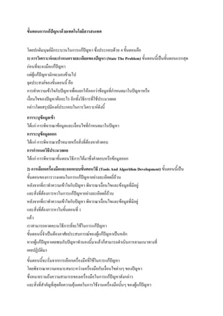 ขั้นตอนการแกปญหาดวยเทคโนโลยีสารสนเทศ


โดยปกติมนุษยมีกระบวนในการแกปญหา ซึ่งประกอบดวย 4 ขั้นตอนคือ
1) การวิเคราะหและกําหนดรายละเอียดของปญหา (State The Problem) ขั้นตอนนี้เปนขั้นตอนแรกสุด
กอนที่จะลงมือแกปญหา
แตผูแกปญหามักจะมองขามไป
จุดประสงคของขั้นตอนนี้ คือ
การทําความเขาใจกับปญหาเพื่อแยกใหออกวาขอมูลที่กําหนดมาในปญหาหรือ
เงื่อนไขของปญหาคืออะไร อีกทั้งวิธีการที่ใชประมวลผล
กลาวโดยสรุปมีองคประกอบในการวิเคราะหดังนี้
การระบุขอมูลเขา
ไดแก การพิจารณาขอมูลและเงื่อนไขที่กําหนดมาในปญหา
การระบุขอมูลออก
ไดแก การพิจารณาเปาหมายหรือสิ่งที่ตองหาคําตอบ
การกําหนดวิธีประมวลผล
ไดแก การพิจารณาขั้นตอนวิธีการไดมาซึ่งคําตอบหรือขอมูลออก
2) การเลือกเครื่องมือและออกแบบขั้นตอนวิธี (Tools And Algorithm Development) ขั้นตอนนี้เปน
ขั้นตอนของการวางแผนในการแกปญหาอยางละเอียดถี่ถวน
หลังจากที่เราทําความเขาใจกับปญหา พิจารณาเงื่อนไขและข อมูลที่มีอยู
และสิ่งที่ตองการหาในการแกปญหาอยางละเอียดถี่ถวน
หลังจากที่เราทําความเขาใจกับปญหา พิจารณาเงื่อนไขและขอมูลที่มีอยู
และสิ่งที่ตองการหาในขั้นตอนที่ 1
แลว
เราสามารถคาดคะเนวิธีการที่จะใชในการแกปญหา
ขั้นตอนนี้จําเปนตองอาศัยประสบการณของผูแกปญหาเปนหลัก
หากผูแกปญหาเคยพบกับปญหาทํานองนี้มาแลวก็สามารถดําเนินการตามแนวทางที่
เคยปฏิบัติมา
ขั้นตอนนี้จะเริ่มจากการเลือกเครื่องมือที่ใชในการแกปญหา
โดยพิจารณาความเหมาะสมระหวางเครื่องมือกับเงื่อนไขตางๆ ของปญหา
ซึ่งหมายรวมถึงความสามารถของเครื่องมือในการแกปญหาดังกลาว
และสิ่งที่สําคัญที่สุดคือความคุนเคยในการใชงานเครื่องมือนั้นๆ ของผูแกปญหา
 