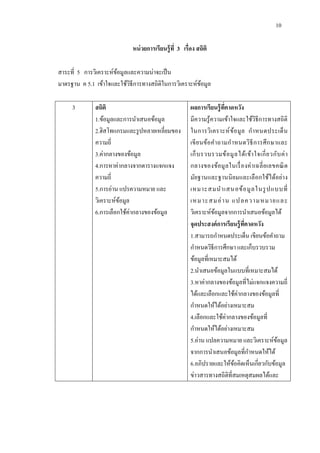 10

                            หน่ วยการเรียนรู้ ที่ 3 เรื่อง สถิติ

สาระที่ 5 การวิเคราะห์ขอมูลและความน่าจะเป็ น
                       ้
มาตรฐาน ค 5.1 เข้าใจและใช้วธีการทางสถิติในการวิเคราะห์ขอมูล
                            ิ                          ้

     3        สถิติ                                     ผลการเรียนรู้ ทคาดหวัง
                                                                        ี่
              1.ข้อมูลและการนาเสนอข้อมูล                มีความรู้ความเข้าใจและใช้วิธีการทางสถิติ
              2.ฮิสโทแกรมและรู ปหลายเหลี่ยมของ          ในการวิเ คราะห์ ข้อ มูล ก าหนดประเด็ น
              ความถี่                                   เขี ย นข้อ ค าถามก าหนดวิ ธี ก ารศึ ก ษาและ
              3.ค่ากลางของข้อมูล                        เก็ บ รวบรวมข้อ มู ล ได้ เ ข้า ใจเกี่ ย วกับ ค่ า
              4.การหาค่ากลางจากตารางแจกแจง              กลางของข้อมู ล ในเรื่ อ งค่ า เฉลี่ ย เลขคณิ ต
              ความถี่                                   มัยฐานและฐานนิ ยมและเลื อกใช้ได้อย่า ง
              5.การอ่าน แปรความหมาย และ                 เหมาะสมน าเสนอข้ อ มู ล ในรู ปแบบที่
              วิเคราะห์ขอมูล
                        ้                               เหมาะสมอ่ า น แปลความหมายและ
              6.การเลือกใช้ค่ากลางของข้อมูล             วิเคราะห์ขอมูลจากการนาเสนอข้อมูลได้
                                                                     ้
                                                        จุดประสงค์ การเรี ยนรู้ ทคาดหวัง
                                                                                 ี่
                                                        1.สามารถกาหนดประเด็น เขียนข้อคาถาม
                                                        กาหนดวิธีการศึกษา และเก็บรวบรวม
                                                        ข้อมูลที่เหมาะสมได้
                                                        2.นาเสนอข้อมูลในแบบที่เหมาะสมได้
                                                        3.หาค่ากลางของข้อมูลที่ไม่แจกแจงความถี่
                                                        ได้และเลือกและใช้ค่ากลางของข้อมูลที่
                                                        กาหนดให้ได้อย่างเหมาะสม
                                                        4.เลือกและใช้ค่ากลางของข้อมูลที่
                                                        กาหนดให้ได้อย่างเหมาะสม
                                                        5.อ่าน แปลความหมาย และวิเคราะห์ขอมูล       ้
                                                        จากการนาเสนอข้อมูลที่กาหนดให้ได้
                                                        6.อภิปรายและให้ขอคิดเห็นเกี่ยวกับข้อมูล
                                                                            ้
                                                        ข่าวสารทางสถิติท่ีสมเหตุสมผลได้และ
 