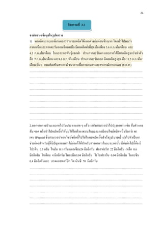 24

                                กิจกรรมที่ 3.1

จงนาเสนอข้ อมูลในรู ปตาราง
1) ผลผลิตมะละกอที่เกษตรกรสามารถผลิตได้แตกต่างกันค่อนข้างมาก โดยทัวไปพบว่า  ่
ภาคเหนือและภาคตะวันออกเฉียงเหนือ มีผลผลิตต่าที่สุด คือ เพียง 3.6 ก.ก./ต้น/เดือน และ
4.3 ก.ก./ต้น/เดือน ในมะละกอพันธุ์แขกดา ส่ วนภาคตะวันตก และภาคใต้มีผลผลิตสู งกว่าเท่าตัว
คือ 7 ก.ก./ต้น/เดือน และ8.6 ก.ก./ต้น/เดือน ส่ วนภาคตะวันออก มีผลผลิตสู งสุ ด คือ 11.5 ก.ก./ต้น/
เดือน(ที่มา : กรมส่ งเสริ มสหกรณ์ ธนาคารเพื่อการเกษตรและสหกรณ์การเกษตร (ธ.ก.ส.)
………………………………………………………………………………………………………
………….……………………………………………………………………………………………
………………………………………………………………………………………………………
………………………………………………………………………………………………………
………………………………………………………………………………………………………
………………………………………………………………………………………………………
………………………………………………………………………………………………………
………………………………………………………………………………………………………
………………………………………………………………………………………………………
2.นอกจากการนามะละกอไปรับประทานสด ๆ แล้ว เรายังสามารถนาไปปรุ งอาหาร เช่น ส้มตา แกง
ส้ม ฯลฯ หรื อนาไปหมักเนื้ อให้นุ่มได้อีกด้วย เพราะในมะละกอมีเอนไซม์ชนิดหนึ่งเรี ยกว่า พา
เพน (Papain) ซึ่ งสามารถนาเอนไซม์ชนิดนี้ไปใส่ ในผงหมักเนื้อสาเร็ จรู ป บางครั้งนาไปทาเป็ นยา
                  ้                   ่
ช่วยย่อยสาหรับผูท่ีมีปัญหาอาหารไม่ยอยก็ได้สาหรับสารอาหารในมะละกอนั้น มีดงต่อไปนี้คือ มี
                                                                                ั
โปรตีน 0.5 กรัม ไขมัน 0.1 กรัม แคลเซียม24 มิลลิกรัม ฟอสฟอรัส 22 มิลลิกรัม เหล็ก 0.6
มิลลิกรัม โซเดียม 4 มิลลิกรัม ไทอะมีน0.04 มิลลิกรัม ไรโบฟลาวิน 0.04 มิลลิกรัม ไนอะซิน
0.4 มิลลิกรัมและ กรดแอสคอร์บิก วิตามินซี 70 มิลลิกรัม
………………………………………………………………………………………………………
………….……………………………………………………………………………………………
………………………………………………………………………………………………………
………………………………………………………………………………………………………
………………………………………………………………………………………………………
………………………………………………………………………………………………………
………………………………………………………………………………………………………
 
