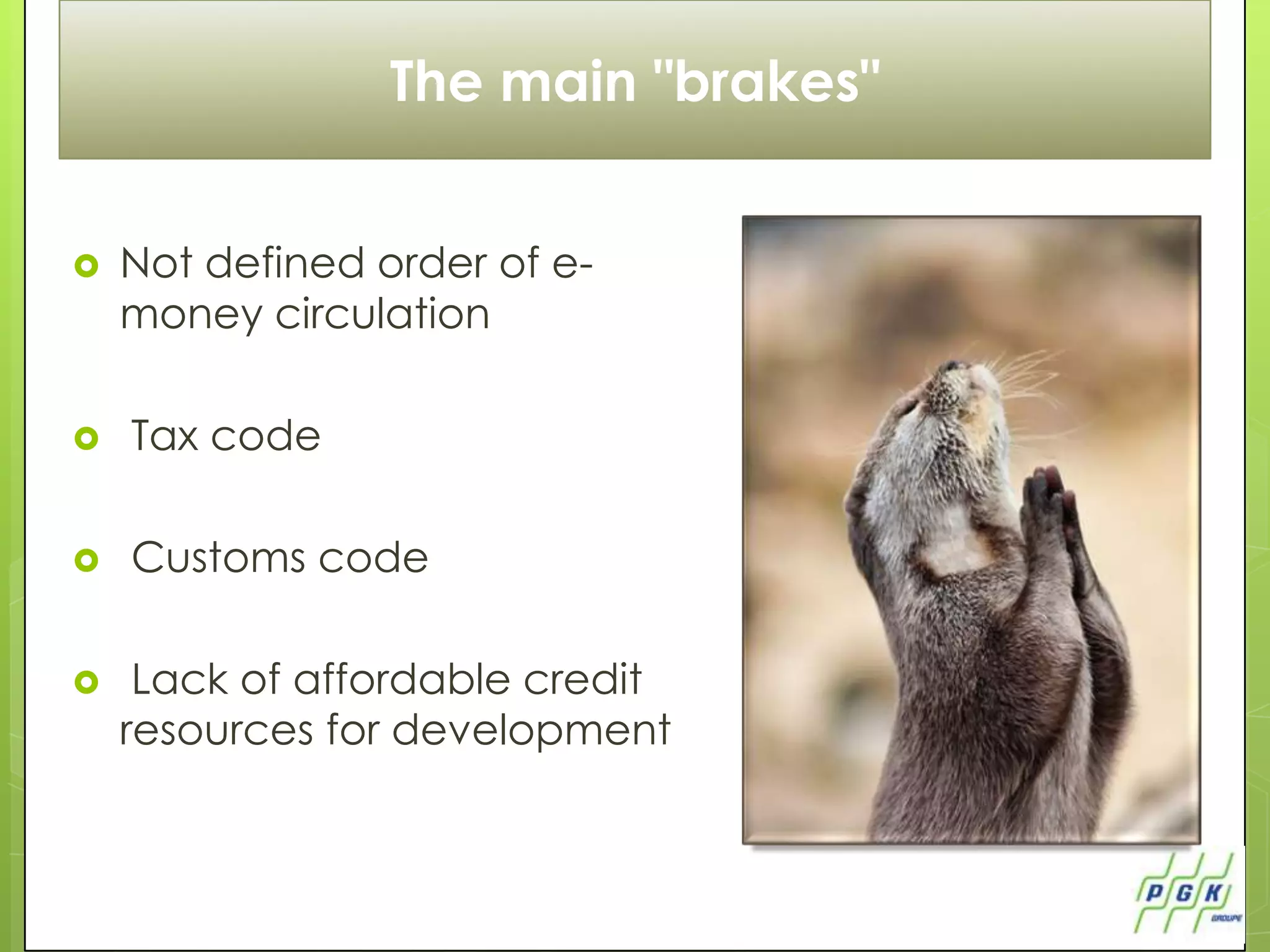 The main "brakes"


   Not defined order of e-
    money circulation

   Tax code

   Customs code

    Lack of affordable credit
    resources for development
 