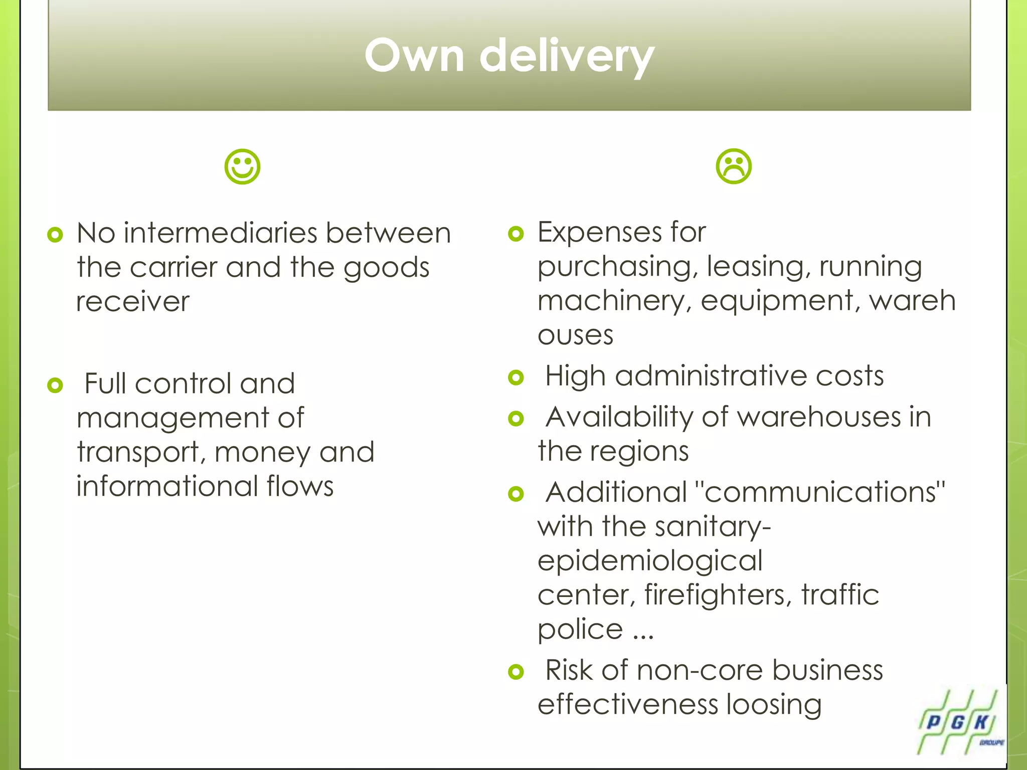 Own delivery

                                               
   No intermediaries between      Expenses for
    the carrier and the goods       purchasing, leasing, running
    receiver                        machinery, equipment, wareh
                                    ouses
    Full control and               High administrative costs
    management of                   Availability of warehouses in
    transport, money and            the regions
    informational flows             Additional "communications"
                                    with the sanitary-
                                    epidemiological
                                    center, firefighters, traffic
                                    police ...
                                    Risk of non-core business
                                    effectiveness loosing
 