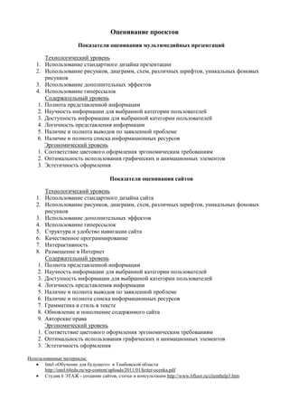 Оценивание проектов
                       Показатели оценивания мультимедийных презентаций

        Технологический уровень
    1. Использование стандартного дизайна презентации
    2. Использование рисунков, диаграмм, схем, различных шрифтов, уникальных фоновых
        рисунков
    3. Использование дополнительных эффектов
    4. Использование гиперссылок
        Содержательный уровень
     1. Полнота представленной информации
     2. Научность информации для выбранной категории пользователей
     3. Доступность информации для выбранной категории пользователей
     4. Логичность представления информации
     5. Наличие и полнота выводов по заявленной проблеме
     6. Наличие и полнота списка информационных ресурсов
        Эргономический уровень
     1. Соответствие цветового оформления эргономическим требованиям
     2. Оптимальность использования графических и анимационных элементов
     3. Эстетичность оформления

                                      Показатели оценивания сайтов

        Технологический уровень
    1. Использование стандартного дизайна сайта
    2. Использование рисунков, диаграмм, схем, различных шрифтов, уникальных фоновых
        рисунков
    3. Использование дополнительных эффектов
    4. Использование гиперссылок
    5. Структура и удобство навигации сайта
    6. Качественное программирование
    7. Интерактивность
    8. Размещение в Интернет
        Содержательный уровень
     1. Полнота представленной информации
     2. Научность информации для выбранной категории пользователей
     3. Доступность информации для выбранной категории пользователей
     4. Логичность представления информации
     5. Наличие и полнота выводов по заявленной проблеме
     6. Наличие и полнота списка информационных ресурсов
     7. Грамматика и стиль в тексте
     8. Обновление и пополнение содержимого сайта
     9. Авторские права
        Эргономический уровень
     1. Соответствие цветового оформления эргономическим требованиям
     2. Оптимальность использования графических и анимационных элементов
     3. Эстетичность оформления

Использованные материалы:
       Intel «Обучение для будущего» в Тамбовской области
       http://intel.68edu.ru/wp-content/uploads/2011/01/kriter-ocenka.pdf
       Студия 6 ЭТАЖ - создание сайтов, статьи и консультации http://www.6floor.ru/clienthelp3.htm
 