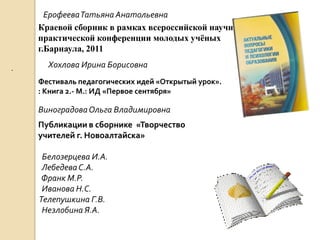 Ерофеева Татьяна Анатольевна
    Краевой сборник в рамках всероссийской научно-
    практической конференции молодых учёных
    г.Барнаула, 2011

.     Хохлова Ирина Борисовна
    Фестиваль педагогических идей «Открытый урок».
    : Книга 2.- М.: ИД «Первое сентября»

    Виноградова Ольга Владимировна
    Публикации в сборнике «Творчество
    учителей г. Новоалтайска»

     Белозерцева И.А.
     Лебедева С.А.
     Франк М.Р.
     Иванова Н.С.
    Телепушкина Г.В.
     Незлобина Я.А.
 