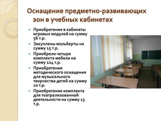 Оснащение предметно-развивающих
 зон в учебных кабинетах
   Приобретение в кабинеты
    игровых модулей на сумму
    56 т.р.
   Закуплены мольберты на
    сумму 15 т.р.
   Приобрели четыре
    комплекта мебели на
    сумму 124 т.р.
   Приобретение
    методического оснащения
    для музыкального
    творчества детей на сумму
    10 т.р.
   Приобретение комплекта
    для театрализованной
    деятельности на сумму 13
    т.р.
 