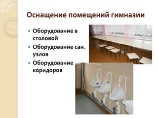 Оснащение помещений гимназии
 Оборудование в
  столовой
 Оборудование сан.
  узлов
 Оборудование
  коридоров
 