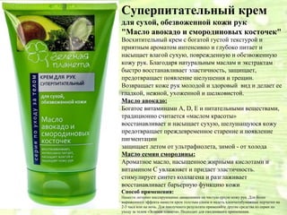 Суперпитательный крем
для сухой, обезвоженной кожи рук
"Масло авокадо и смородиновых косточек"
Восхитительный крем с богатой густой текстурой и
приятным ароматом интенсивно и глубоко питает и
насыщает влагой сухую, поврежденную и обезвоженную
кожу рук. Благодаря натуральным маслам и экстрактам
быстро восстанавливает эластичность, защищает,
предотвращает появление шелушения и трещин.
Возвращает коже рук молодой и здоровый вид и делает ее
гладкой, нежной, ухоженной и шелковистой.
Масло авокадо:
Богатое витаминами A, D, Е и питательными веществами,
традиционно считается «маслом красоты»
восстанавливает и насыщает сухую, шелушащуюся кожу
предотвращает преждевременное старение и появление
пигментации
защищает летом от ультрафиолета, зимой - от холода
Масло семян смородины:
Ароматное масло, насыщенное жирными кислотами и
витамином С увлажняет и придает эластичность.
стимулирует синтез коллагена и разглаживает
восстанавливает барьерную функцию кожи
Способ применения:
Нанести легкими массирующими движениями на чистую сухую кожу рук. Для более
выраженного эффекта нанести крем толстым слоем и надеть хлопчатобумажные перчатки на
2-3 часа или на ночь. Для наилучшего результата применяйте другие средства из серии по
уходу за телом «Зеленая планета». Подходит для ежедневного применения.
 