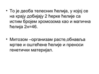 • То је деоба телесних ћелија, у којој се
  на крају добијају 2 ћерке ћелије са
  истим бројем хромозома као и матична
  ћелија 2н=46.

• Митозом –организам расте,обнавља
  мртве и оштећене ћелије и преноси
  генетички материјал.
 