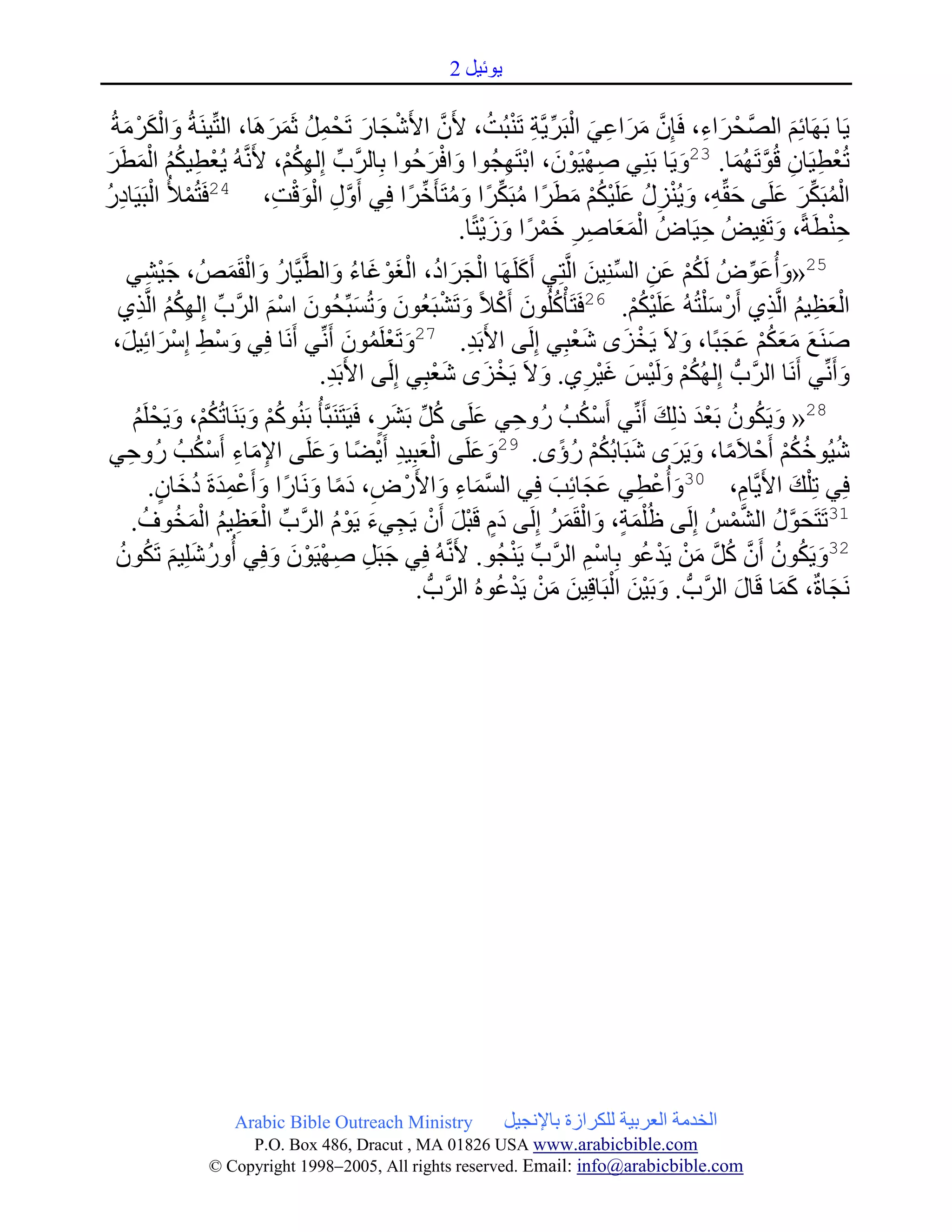 ‫٠ٛئ١ً 2‬

   ‫٠َحا بَحَٙحائُِ اٌ َّوغْ ساا، َحإِْ ِساعٟ اٌبَحس٠َّوت حَحٕبُج، اَحْ ااَح ْ ضاز حَحغْ ًّ رَحّسَ٘حا، اٌخِّب١َٕحتُ ٚاٌىسْ ِتُ‬
      ‫َح ْ َح َح‬                       ‫َح َح ِ ُ َح َح‬                                    ‫َّو‬                 ‫َّو َح َح ِ َح ْ ِّب ِ ْ ُ‬                               ‫َح ِ‬                        ‫َح‬
‫حُعل١َحاْ لُٛحَحُّٙا. ٚ٠َحا بَحِٕٟ ألٙ١َحْٛ، ابخَحٙضُٛا ٚا ْسعُٛا بِاٌس ِّب ٌِٙىُ، اَحَّٔوُٗ ٠ُعل١ىُ اٌّلَحس‬
 ‫ْ ِ ُ ُ ْ َح َح‬                             ‫ِ ُْ‬                  ‫َّو‬            ‫َح َح‬                           ‫ِ ْ ْ َح ْ ِ‬                                 ‫َح‬
                                                                                                                                                                    ‫32‬
                                                                                                                                                                               ‫ْ ِ ِ َّو َح‬
‫اٌّبَحىس عٍَحٝ عمِّبٗ، ٚ٠ُٕصي عٍَح١ىُ ِلَحسًرا ِبَحىسًرا ِٚخَحأَحخسًرا ِٟ أَحٚي اٌٛلج، 42 َحخُّألُ اٌبَح١َحا ِ ز‬
‫ْ ْ ُ‬                                      ‫َّو ِ ْ َح ْ ِ‬                      ‫ُ ِّب َح ُ ِّب‬                                     ‫َح ِ َح ْ ِ ُ َح ْ ُ ْ َح‬                                  ‫ْ ُ ِّب َح َح‬
                                                                                                           ‫ْ َح َح ِ ِ َح ْ َح َح ْ‬
                                                                                                     ‫عٕلَحتًر، ٚحَحفِ١ضُ ع١َحا ُ اٌّعاألس خّسًرا ٚش٠خًرا.‬            ‫ِ‬                         ‫َح‬        ‫ِْ‬
          ‫52«ٚأُعٛ ُ ٌَحىُ عٓ اٌعِٕ١ٓ اٌَّوخِٟ أَحوٍَحَٙحا اٌضسا ُ ، اٌغٛ َح اا ٚاٌلَّو١َّواز ٚاٌمَحّصُ ، ص١شٟ‬
                ‫َح ْ ِ‬       ‫ُ َح ْ َح‬                    ‫ْ َح ْ ُ َح‬                             ‫ْ َح َح‬            ‫َح‬                   ‫ُ ْ َح ِ ِّب َح‬                            ‫َح َح ِّب‬
     ‫َحخَحأْوٍُْٛ أَحو ًر ٚحَحشبَحعُْٛ ٚحُعبِّبغُْٛ اظُ اٌس ِّب ٌِٙىُ اٌَّورٞ‬
              ‫ُُِ ِ‬              ‫َح ْ َح َّو‬                     ‫َح َح َح‬                ‫ُ َح ْ َح ْ‬                                      ‫62‬
                                                                                                                                                ‫اٌعظ١ُ اٌَّورٞ أَحزْ ظ ٍْخُُٗ عٍَح١ىُ.‬
                                                                                                                                                    ‫َح ْ ُ ْ‬               ‫َح‬               ‫ْ َح ِ ُ ِ‬
    ‫ألَٕحي ِعىُ عضبًرا، ٚالَح ٠َحخصٜ َح عبِٟ ٌَِحٝ ااَحبَحد. 72ٚحَحعٍَحّْٛ أَحِّٔبٟ أَحَٔحا ِٟ ٚظظ ِظسائِ١ً،‬
        ‫َح ْ ِ ْ َح َح‬                                       ‫َح ْ ُ َح‬                                 ‫ِ‬                             ‫ْ‬          ‫ْ َح‬              ‫َح َح َح َح ُ ْ َح َح َح‬
                                                      ‫ٚأَحِّٔبٟ أَحَٔحا اٌس ُّ ٌُِٙىُ ٌَٚح١ْط َح ١ْسٞ. ٚالَح ٠َحخصٜ َح عبِٟ ٌَِحٝ ااَحبَحد.‬
                                                       ‫ِ‬                            ‫ْ‬                       ‫ْ َح‬        ‫َح‬              ‫ِ‬         ‫ُ ْ َح َح‬                             ‫َّو‬                 ‫َح‬
            ‫82« ٚ٠َحىْٛ بَحعد ذٌِه أَحِّٔبٟ أَحظىيُ زُٚعٟ عٍَحٝ وًِّب بَحشس، َح١َحخَحَٕحبَّوأ ُ بَحُٕٛوُ ٚبَحَٕحاحُىُ، ٚ٠َحغْ ٍَحُ‬
             ‫ُ ْ َح ُ ْ َح ُ‬                                            ‫َح ٍد‬         ‫ِ َح ُ‬                                           ‫ْ ُ‬                ‫َح ُ ُ ْ َح َح‬
   ‫ُ ١ُٛخىُ أَحعْ َحِا، ٚ٠َحسٜ َح بَحابُىُ ز ًرٜ. 92ٚعٍَحٝ اٌعبِ١د أَح٠ضًرا ٚعٍَحٝ اإلِاا أَحظىيُ زُٚعٟ‬
          ‫ِ‬              ‫ِ َح ِ ْ ُ‬                 ‫َح َح‬              ‫ْ َح ِ ْ‬                          ‫َح َح‬                      ‫ُْ ُ‬                     ‫ًر َح َح‬                             ‫ُ ُْ‬
                 ‫ِٟ حِ ٍْه ااَح٠َّواَ، 03ٚأُعلٟ عضائِي ِٟ اٌعّاا ٚااَحزْ ِ، َح ِا َٚٔحازًرا ٚأَحعّدةَح ُ خاْ.‬
                   ‫َح ْ ِ َح َح ٍد‬                ‫ًر َح‬                                ‫َّو َح ِ َح‬                          ‫َح ْ ِ َح َح َح‬                                        ‫ِ‬                  ‫َح‬
            ‫13حَحخَحغٛي اٌشّطُ ٌَِحٝ ظُ ٍّْت، ٚاٌمَحّس ٌَِحٝ َح َ لَحبًْ أَحْ ٠َحضٟا ٠َحَٛ اٌس ِّب اٌعظ١ُ اٌّخٛف.‬
               ‫ٍد َح ْ ِ َح ْ ُ َّو ْ َح ِ ُ ْ َح ُ ُ‬                                                                      ‫َح ٍد َح ْ َح ُ‬                                    ‫َح َّو ُ َّو ْ‬
    ‫23ٚ٠َحىْٛ أَحْ وً ِٓ ٠َحدعٛ بِاظُْ اٌس ِّب ٠َحٕضُٛ. اَحَّٔوُٗ ِٟ صبَحً ألٙ١َحْٛ ٚ ِٟ أُٚز َح ٍِ١ُ حَحىْٛ‬
     ‫ُ َح ُ ُ‬                            ‫َح ِ ِ ْ ْ َح َح‬                                                          ‫ْ‬          ‫ِ َّو‬                    ‫َح ُ ُ َّو ُ َّو َح ْ ْ ُ‬
                                                                                              ‫َّو‬               ‫َح َح ْ َح َح ْ ْ ُ‬
                                                                              ‫َٔحضاةٌة، وّا لَحاي اٌس ُّ . ٚبَح١ْٓ اٌبَحالِ١ٓ ِٓ ٠َحدعُٖٛ اٌس ُّ .‬                      ‫َح َح َح َّو‬                     ‫َح‬




                                    ‫‪Arabic Bible Outreach Ministry‬‬                                            ‫اٌخدِت اٌعسب١ت ٌٍىساشة باإلٔض١ً‬
                                 ‫‪P.O. Box , Dracut , MAUSA www.arabicbible.com‬‬
                            ‫‪© Copyright , All rights reserved. Email: info@arabicbible.com‬‬
 
