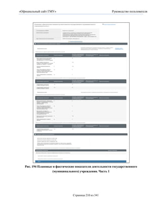 «Официальный сайт ГМУ»                                    Руководство пользователя




   Рис. 194 Плановые и фактические показатели деятельности государственного
                     (муниципального) учреждения. Часть 1




                                 Страница 210 из 341
 