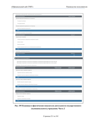 «Официальный сайт ГМУ»                                    Руководство пользователя




   Рис. 195 Плановые и фактические показатели деятельности государственного
                     (муниципального) учреждения. Часть 2


                                 Страница 211 из 341
 