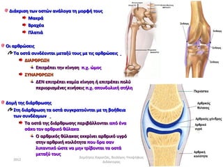Διάκριση των οστών ανάλογα τη μορφή τους
         Μακρά
         Βραχέα
         Πλατιά

Οι αρθρώσεις
    Τα οστά συνδέονται μεταξύ τους με τις αρθρώσεις
         ΔΙΑΡΘΡΩΣΗ
              Επιτρέπει την κίνηση π.χ. ώμος
         ΣΥΝΑΡΘΡΩΣΗ
              ΔΕΝ επιτρέπει καμία κίνηση ή επιτρέπει πολύ
              περιορισμένες κινήσεις π.χ. σπονδυλική στήλη


Δομή της διάρθρωσης
   Στη διάρθρωση τα οστά συγκρατούνται με τη βοήθεια
   των συνδέσμων
        Τα οστά της διάρθρωσης περιβάλλονται από ένα
        σάκο τον αρθρικό θύλακα
             Ο αρθρικός θύλακας εκκρίνει αρθρικό υγρό
             στην αρθρική κοιλότητα που δρα σαν
             λιπαντικό ώστε να μην τρίβονται τα οστά
             μεταξύ τους
                                 Δημήτρης Καρατζάς, Βιολόγος-Υποψήφιος
   2012
                                              Διδάκτορας
 