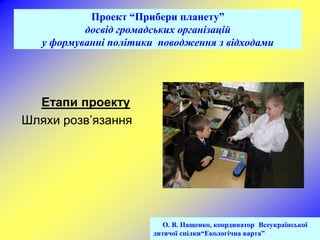 Проект “Прибери планету”
           досвід громадських організацій
   у формуванні політики поводження з відходами




  Етапи проекту
Шляхи розв’язання




                           О. В. Пащенко, координатор Всеукраїнської
                        дитячої спілки“Екологічна варта”
 
