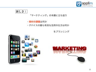新しさ：
       「マーケティング」の本願に立ち返り

   ・商材の課題は何か
   ・デバイスの最も有効な活用の仕方は何か

                 をプランニング




                           11
 