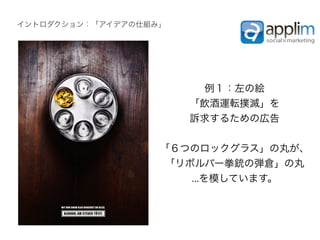 イントロダクション：「アイデアの仕組み」




                         例１：左の絵
                       「飲酒運転撲滅」を
                       訴求するための広告


                   「６つのロックグラス」の丸が、
                    「リボルバー拳銃の弾倉」の丸
                       ...を模しています。
 