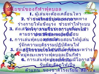 ประโยชน์ข องกีฬ ำฟุต บอล
                1. ผูเ ล่น จะต้อ งเคลื่อ นไหว
                       ้
         2. ช่ว ยเสริม สร้ำ งสมรรถภำพทำง
                   ร่ำ งกำยอยู่ต ลอดเวลำ
      ร่ำ งกำยให้แ ข็ง แรง ช่ว ยทำำ ให้ร ะบบ
  3. ส่ง เสริม กิจ กรรมที่ร วมกำรเคลื่อ นไหว
              ต่ำ งๆ ภำยในร่ำ งกำยทำำ งำนมี
        ตำมธรรมชำติข องมนุษ ย์เ้น อ บ
                    ประสิท ธิภ ำพยิ่ง ขึ กื
                           ทุก ชนิด
  4. กำรเล่น ฟุต บอลย่อ มช่ว ยสอนให้ผ เ ล่น     ู้
       รู้จ ัก ควำมยุต ิธ รรมปฏิบ ต ิต นให้
                                        ั
  5. ส่ง เสริม นขอบเขตอัน พึง ควรกระ
           อยู่ใ ควำมรัก ใคร่ส ำมัค คีก ัน ระหว่ำ ง
         หมูค ณะเพรำะฟุต บอลเป็น กีฬ ำ
              ่
          6. กำรเล่น ฟุต บอลที่ด ีย อม โ อกำสได้
                               ประเภทที มมี
                                          ่
                         รับ คัด เลือ กให้เ ป็น
             ตัว แทน ของชำติโ รงเรีย น สถำบัน
 