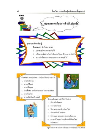 62                                                 สื่ อเสริมสาระการเรียนรู้ คณิตศาสตร์ พนฐาน ม.2
                                                                                         ื้
     MATH

     Series
                                   8.1 ทบทวนการแก้สมการเชิงเส้ นตัวแปร




               จุดประสงค์ การเรียนรู้
                      ด้ านความรู้ : นักเรี ยนสามารถ
                      1. บอกสมบัติของการเท่ากันได้
                      2. แก้สมการเชิงเส้นตัวแปรเดียวโดยใช้สมบัติของการเท่ากันได้
                      3. ตระหนักถึงความสมเหตุสมผลของคาตอบที่ได้




       ด้ านทักษะ / กระบวนการ : นักเรี ยนมีความสามารถใน
       1. การคิดคานวณ
       2. การแก้ปัญหา
       3. การให้เหตุผล
       4. การสื่ อสาร การสื่ อความหมาย และการนาเสนอ
       5. การเชื่อมโยง
       6. ความคิดริ เริ่ มสร้างสรรค์
                                              ด้ านคุณลักษณะ : ปลูกฝังให้นกเรี ยน
                                                                          ั
                                              1. มีความรับผิดชอบ
                                              2. มีความสนใจใฝ่ รู้
                                              3. มีความรอบคอบ มีระเบียบวินย     ั
                                              4. มีความเชื่อมันในตนเอง
                                                               ่
                                              5. มีวิจารณญาณและทางานอย่างเป็ นระบบ
                                              6. ตระหนักในคุณค่า และมีเจตคติที่ดีต่อวิชา
                                                   คณิ ตศาสตร์

                                            ครู ครรชิต แซ่โฮ่ โรงเรี ยนจันทร์ประภัสสร์อนุสรณ์ สพม.เขต 15
 