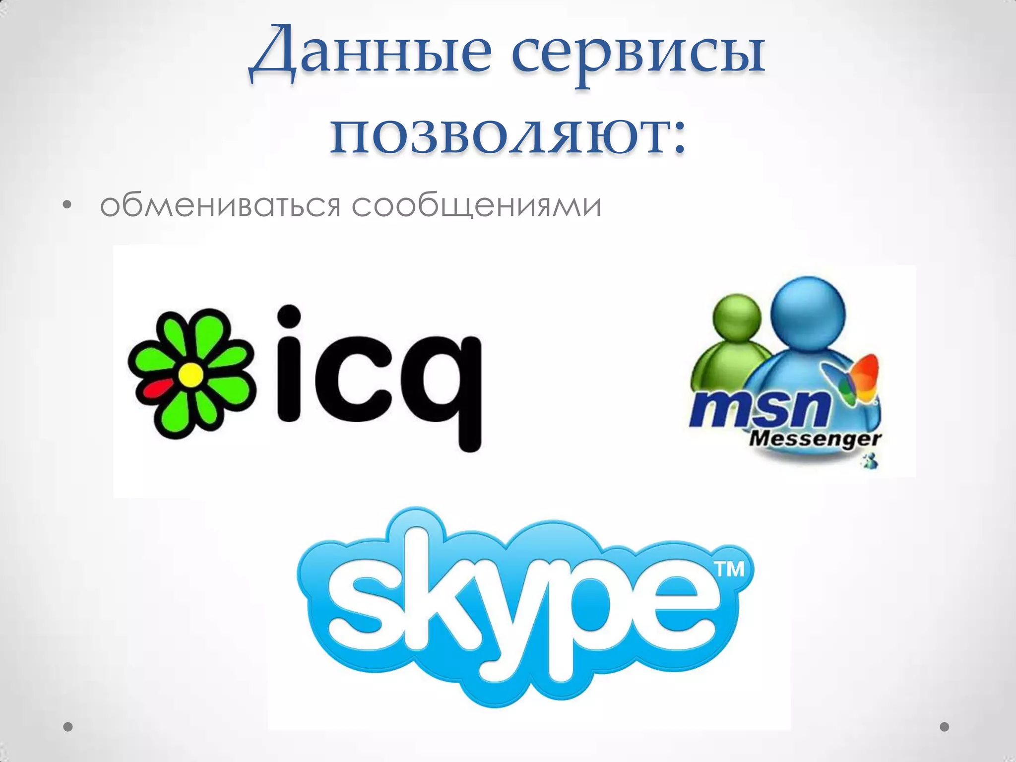 Данные сервисы
           позволяют:
• обмениваться сообщениями
 