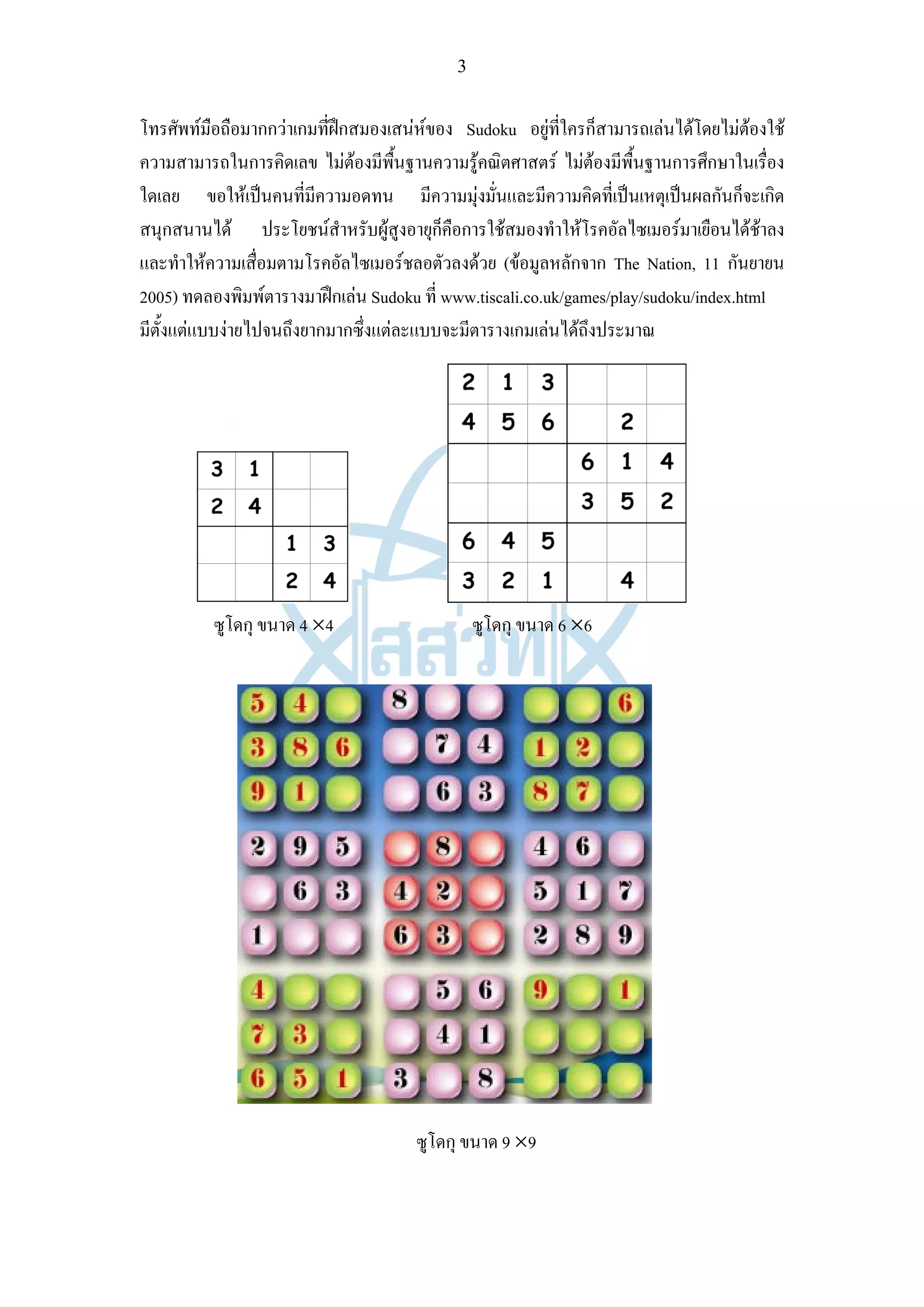 3


โทรศัพทมือถือมากกวาเกมที่ฝกสมองเสนหของ Sudoku อยูที่ใครก็สามารถเลนไดโดยไมตองใช
ความสามารถในการคิดเลข ไมตองมีพื้นฐานความรูคณิตศาสตร ไมตองมีพื้นฐานการศึกษาในเรื่อง
ใดเลย ขอใหเปนคนที่มีความอดทน มีความมุงมั่นและมีความคิดที่เปนเหตุเปนผลกันก็จะเกิด
สนุกสนานได ประโยชนสําหรับผูสูงอายุก็คือการใชสมองทําใหโรคอัลไซเมอรมาเยือนไดชาลง
และทําใหความเสื่อมตามโรคอัลไซเมอรชลอตัวลงดวย (ขอมูลหลักจาก The Nation, 11 กันยายน
2005) ทดลองพิมพตารางมาฝกเลน Sudoku ที่ www.tiscali.co.uk/games/play/sudoku/index.html
มีตั้งแตแบบงายไปจนถึงยากมากซึ่งแตละแบบจะมีตารางเกมเลนไดถึงประมาณ




          ซูโดกุ ขนาด 4 ×4                     ซูโดกุ ขนาด 6 ×6




                                      ซูโดกุ ขนาด 9 ×9
 