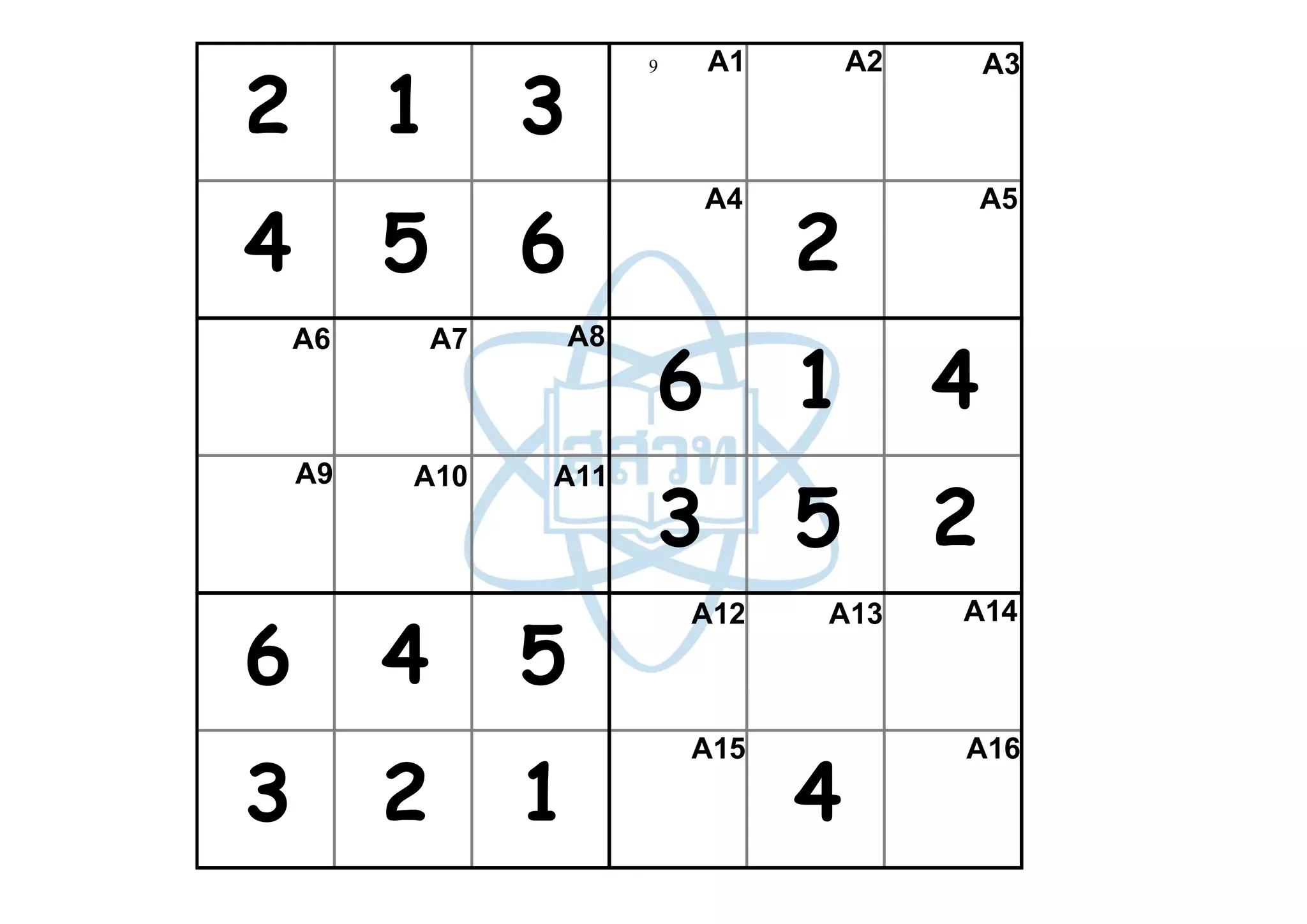 2        1        3
                           9   A1        A2       A3




4        5        6                  2
                               A4                 A5




                           6         1        4
    A6       A7       A8




                           3         5        2
    A9   A10      A11




6        4        5
                               A12   A13      A14




3        2        1                  4
                               A15            A16
 