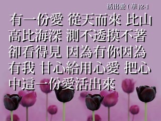 活出愛 ( 華 )2-1

有一份愛 從天而來 比山
高比海深 測不透摸不著
卻看得見 因為有你因為
有我 甘心給用心愛 把心
中這一份愛活出來
 