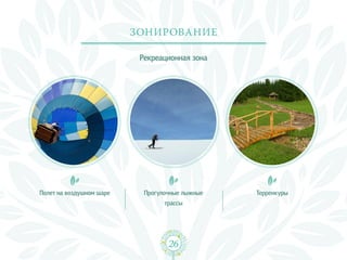 Зонирование

                           Рекреационная зона




Полет на воздушном шаре     Прогулочные лыжные   Терренкуры
                                   трассы




                                   26
 