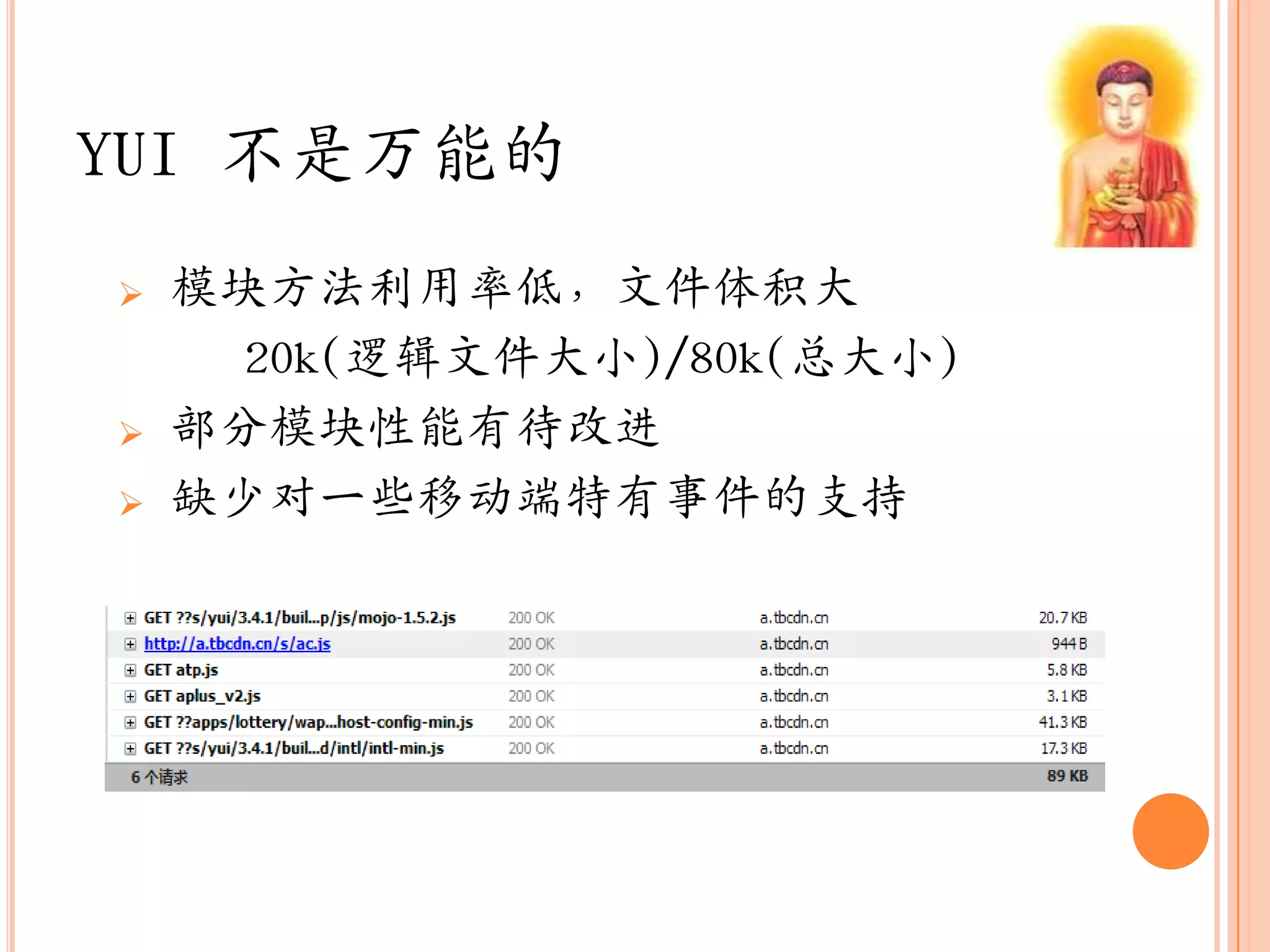 YUI 不是万能的
   模块方法利用率低，文件体积大
      20k(逻辑文件大小)/80k(总大小)
   部分模块性能有待改迚
   缺少对一些移动端特有事件的支持
 