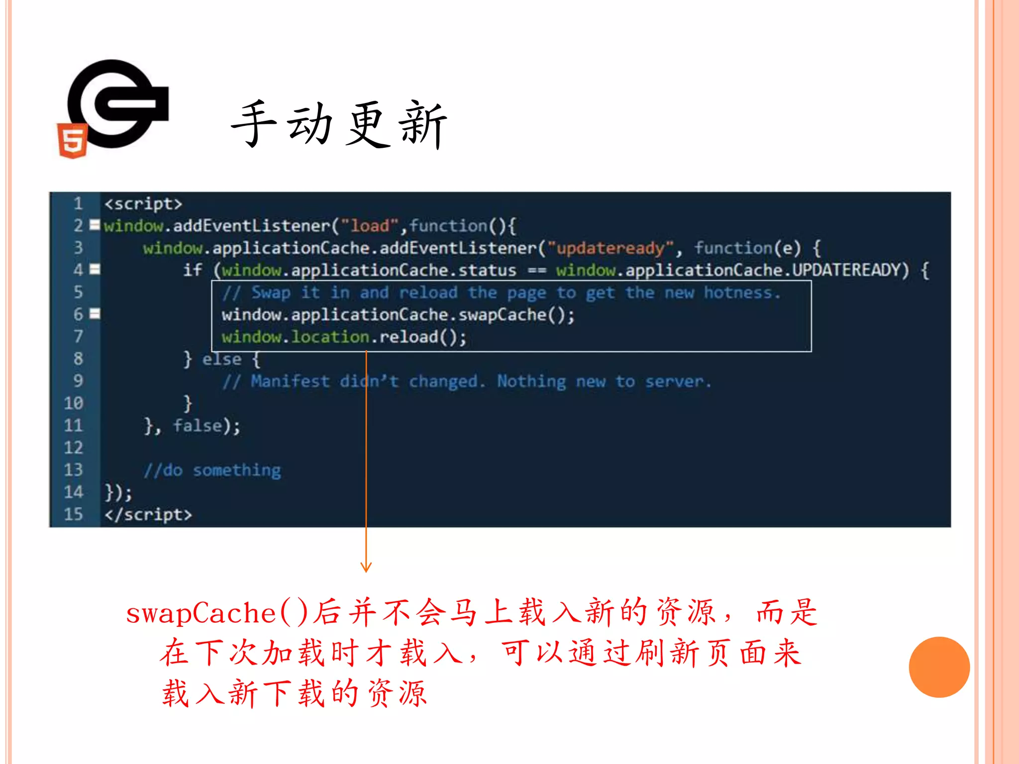 手动更新




swapCache()后并不会马上载入新的资源，而是
  在下次加载时才载入，可以通过刷新页面来
  载入新下载的资源
 