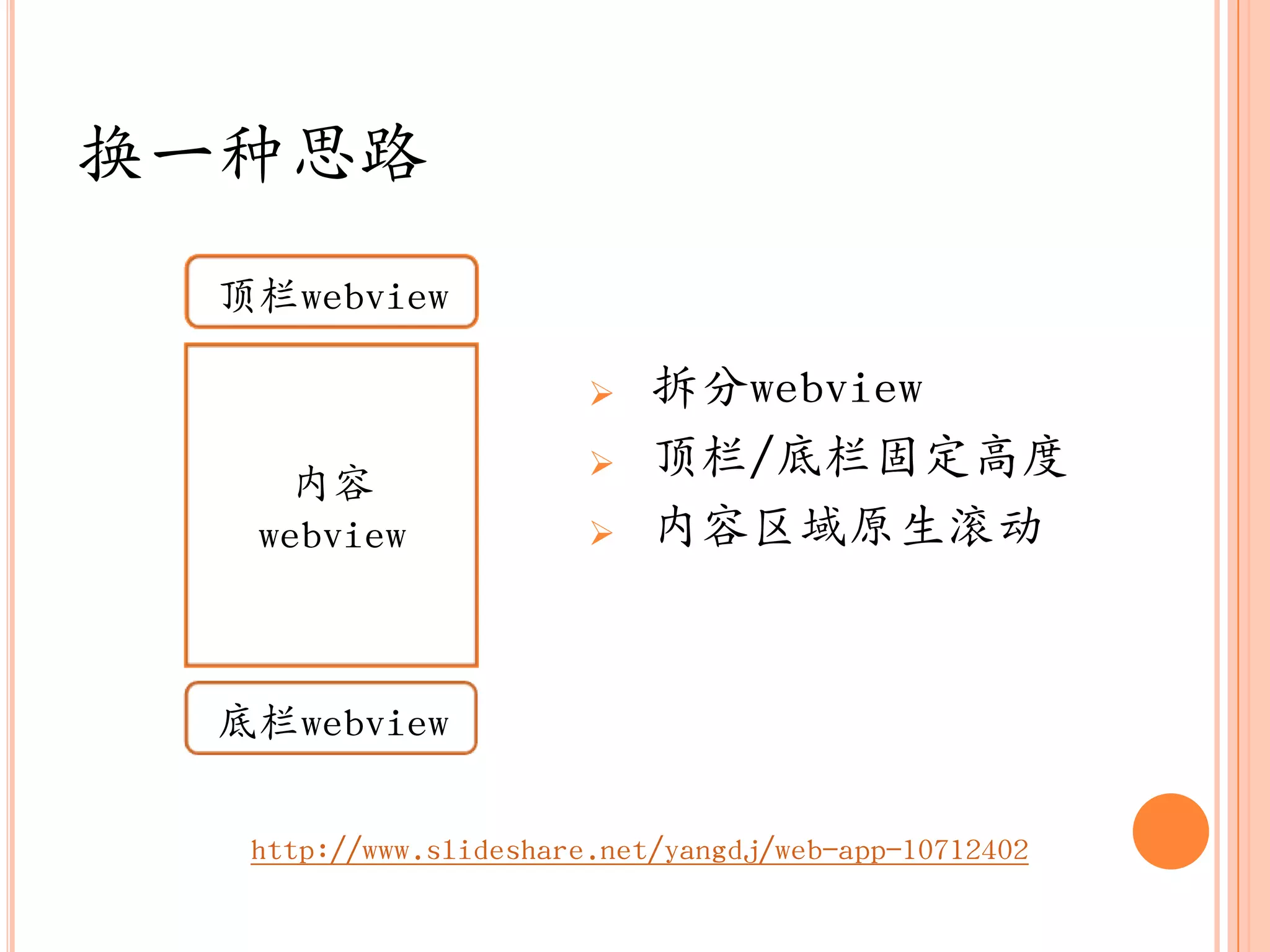 换一种思路
 顶栏webview

                          拆分webview
    内容
                          顶栏/底栏固定高度
  webview                 内容区域原生滚动


 底栏webview

  http://www.slideshare.net/yangdj/web-app-10712402
 