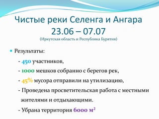 Чистые реки Селенга и Ангара
         23.06 – 07.07
           (Иркутская область и Республика Бурятия)


 Результаты:
   - 450 участников,
   - 1000 мешков собранно с берегов рек,
   - 45% мусора отправили на утилизацию,
   - Проведена просветительская работа с местными
    жителями и отдыхающими.
   - Убрана территория 6000 м²
 