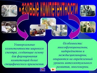 Универсальные                Особенности:
компетентности широкого         многофункциональны,
спектра, создающие основу         надпредметны и
     для формирования           междисциплинарны,
    компетенций более        опираются на определенный
специфического применения.   уровень интеллектуального
                               развития, многомерны.
 