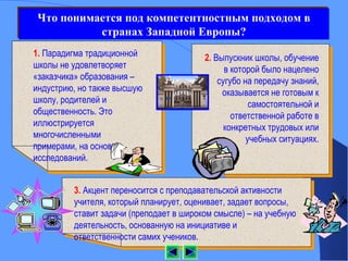 Что понимается под компетентностным подходом в
Что понимается под компетентностным подходом в
          странах Западной Европы?
           странах Западной Европы?
1. Парадигма традиционной                     2. Выпускник школы, обучение
школы не удовлетворяет                              в которой было нацелено
«заказчика» образования –                         сугубо на передачу знаний,
индустрию, но также высшую          Библиотека им.
                                                   оказывается не готовым к
                                    К.Д.Ушинского
школу, родителей и                                         самостоятельной и
общественность. Это                                   ответственной работе в
иллюстрируется                                      конкретных трудовых или
многочисленными                                           учебных ситуациях.
примерами, на основе
исследований.


         3. Акцент переносится с преподавательской активности
         учителя, который планирует, оценивает, задает вопросы,
         ставит задачи (преподает в широком смысле) – на учебную
         деятельность, основанную на инициативе и
         ответственности самих учеников.
 