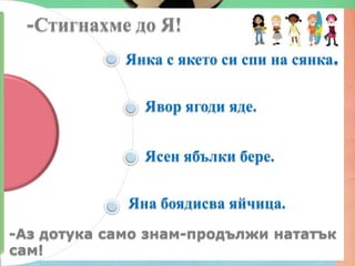 -Стигнахме   до Я!
             Янка с якето си спи на сянка.

               Явор ягоди яде.


               Ясен ябълки бере.

             Яна боядисва яйчица.
-Аз дотука само знам-продължи нататък
сам!
 