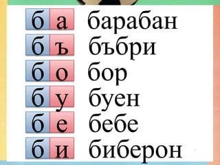 б   а   барабан
б   ъ   бъбри
б   о   бор
б   у   буен
б   е   бебе
б   и   биберон
            Гюлназ Солакова, ОУ "Христо
            Смирненски" гр. Кубрат
 