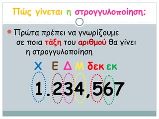 Πώς γίνεται η στρογγυλοποίηση;

Πρώτα πρέπει να γνωρίζουμε
  σε ποια τάξη του αριθμού θα γίνει
     η στρογγυλοποίηση
      Χ Ε Δ Μ δεκ εκ

      1.234,567
 