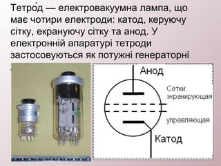 Тетро́д — електровакуумна лампа, що
має чотири електроди: катод, керуючу
сітку, екрануючу сітку та анод. У
електронній апаратурі тетроди
застосовуються як потужні генераторні
лампи.
 