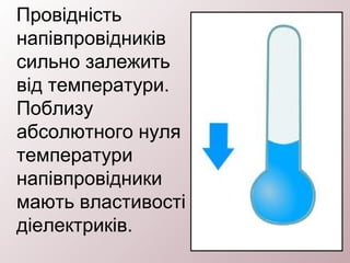 Провідність
напівпровідників
сильно залежить
від температури.
Поблизу
абсолютного нуля
температури
напівпровідники
мають властивості
діелектриків.
 