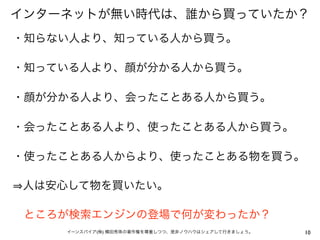 インターネットが無い時代は、誰から買っていたか？
・知らない人より、知っている人から買う。

・知っている人より、顔が分かる人から買う。

・顔が分かる人より、会ったことある人から買う。

・会ったことある人より、使ったことある人から買う。

・使ったことある人からより、使ったことある物を買う。

人は安心して物を買いたい。

 ところが検索エンジンの登場で何が変わったか？
    イーンスパイア(株) 横田秀珠の著作権を尊重しつつ、是非ノウハウはシェアして行きましょう。   10
 