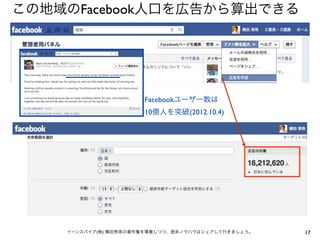 この地域のFacebook人口を広告から算出できる




                      Facebookユーザー数は
                      10億人を突破(2012.10.4)




    イーンスパイア(株) 横田秀珠の著作権を尊重しつつ、是非ノウハウはシェアして行きましょう。   17
 