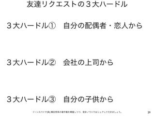 友達リクエストの３大ハードル

３大ハードル① 自分の配偶者・恋人から




３大ハードル② 会社の上司から




３大ハードル③ 自分の子供から
   イーンスパイア(株) 横田秀珠の著作権を尊重しつつ、是非ノウハウはシェアして行きましょう。   29
 