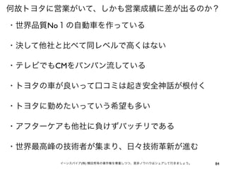 何故トヨタに営業がいて、しかも営業成績に差が出るのか？

・世界品質No１の自動車を作っている

・決して他社と比べて同レベルで高くはない

・テレビでもCMをバンバン流している

・トヨタの車が良いって口コミは起き安全神話が根付く

・トヨタに勤めたいっていう希望も多い

・アフターケアも他社に負けずバッチリである

・世界最高峰の技術者が集まり、日々技術革新が進む
      イーンスパイア(株) 横田秀珠の著作権を尊重しつつ、是非ノウハウはシェアして行きましょう。   84
 