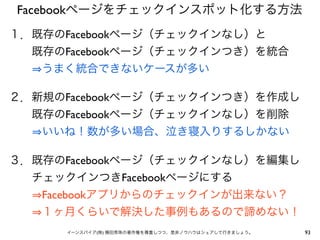 Facebookページをチェックインスポット化する方法
１．既存のFacebookページ（チェックインなし）と
  既存のFacebookページ（チェックインつき）を統合
   うまく統合できないケースが多い

２．新規のFacebookページ（チェックインつき）を作成し
  既存のFacebookページ（チェックインなし）を削除
   いいね！数が多い場合、泣き寝入りするしかない

３．既存のFacebookページ（チェックインなし）を編集し
  チェックインつきFacebookページにする
   Facebookアプリからのチェックインが出来ない？
   １ヶ月くらいで解決した事例もあるので諦めない！
      イーンスパイア(株) 横田秀珠の著作権を尊重しつつ、是非ノウハウはシェアして行きましょう。   93
 