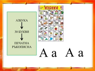 АЗБУКА


 30 БУКВИ


 ПЕЧАТНА
РЪКОПИСНА

            Аа Аа
 