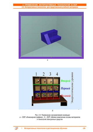2. ПРИМЕНЕНИЕ ИНТЕРАКТИВНЫХ ТЕХНОЛОГИЙ В ЭОР
  2.2. Интерактивные технологии для представления учебного материала




                                 а




                                       б

                  Рис. 2.3. Применение неуправляемой анимации:
а – ЭОР «Инженерная графика»; б – ЭОР «Физико-химические основы материалов
                     и технологий электронных средств»



     Интерактивные технологии в дистанционном обучении                       -24-
 