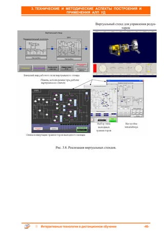 3. ТЕХНИЧЕСКИЕ И МЕТОДИЧЕСКИЕ АСПЕКТЫ ПОСТРОЕНИЯ И
                 ПРИМЕНЕНИЯ АЛП УД


                                       Виртуальный стенд для управления редук-
                                                       тором




             Рис. 3.8. Реализация виртуальных стендов.




    Интерактивные технологии в дистанционном обучении                 -46-
 