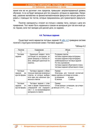 4. ОСНОВЫ КОМПОЗИЦИИ ТЕСТОВЫХ ЗАДАНИЙ
                     4.3. Требования, предъявляемые к тестам
жания или же не достигает этих пределов, превышает запроектированный уровень
обучения, то он не будет валидным для тех учащихся, которым он адресован. Напри-
мер, усвоение математики на физико-математическом факультете нельзя диагности-
ровать с помощью тех тестов, которые предназначены для гуманитарного факульте-
та.
      Понятие «валидность» относят не столько к самому тесту, сколько к цели его
применения. Тест может быть надежным и совсем не валидным для той или иной це-
ли. Однако, если тест валиден для данной цели, он надежен.


                                4.4. Тестовые задания

      Существует много вариантов тестовых заданий. В табл. 4.2 приведена система
понятий к структурно-логической схеме «Тестовое задание».
                                                                           Таблица 4.2
     Понятие              Содержание                          Объем
        1                      2                                 3
    Тестовое        Единичный элемент теста,     По форме ответов:
  задание        состоящий из инструкции, за-    тестовые задания закрытой формы;
                 дания (вопроса) и эталона от-   тестовые задания открытой формы;
                 вета, имеющий оценочный по-     комбинированные тестовые задания
                 казатель                        По типу оценивания:
                                                 тестовые задания объективного плана;
                                                 тестовые задания субъективного плана

    Тестовые        Тестовые задания с обяза-  Пример:
  задания    за- тельным перечнем возможных    Электроды для точечной контактной
  крытой формы ответов, из которых выбира- сварки сделаны из сплава на основе …
                 ется один или несколько пра-  а) алюминия      в) меди
                 вильных ответов               б) железа         г) свинца

    Тестовые       Тестовые задания с отве-    Пример:
  задания    от- тами в форме незаконченных    Сплав железа с углеродом, где углеро-
  крытой формы утверждений или определе- да меньше 2,14 %, – это ____
                 ний, т. е. на воспроизведение
                 материала по памяти




            Интерактивные технологии в дистанционном обучении                      -56-
 